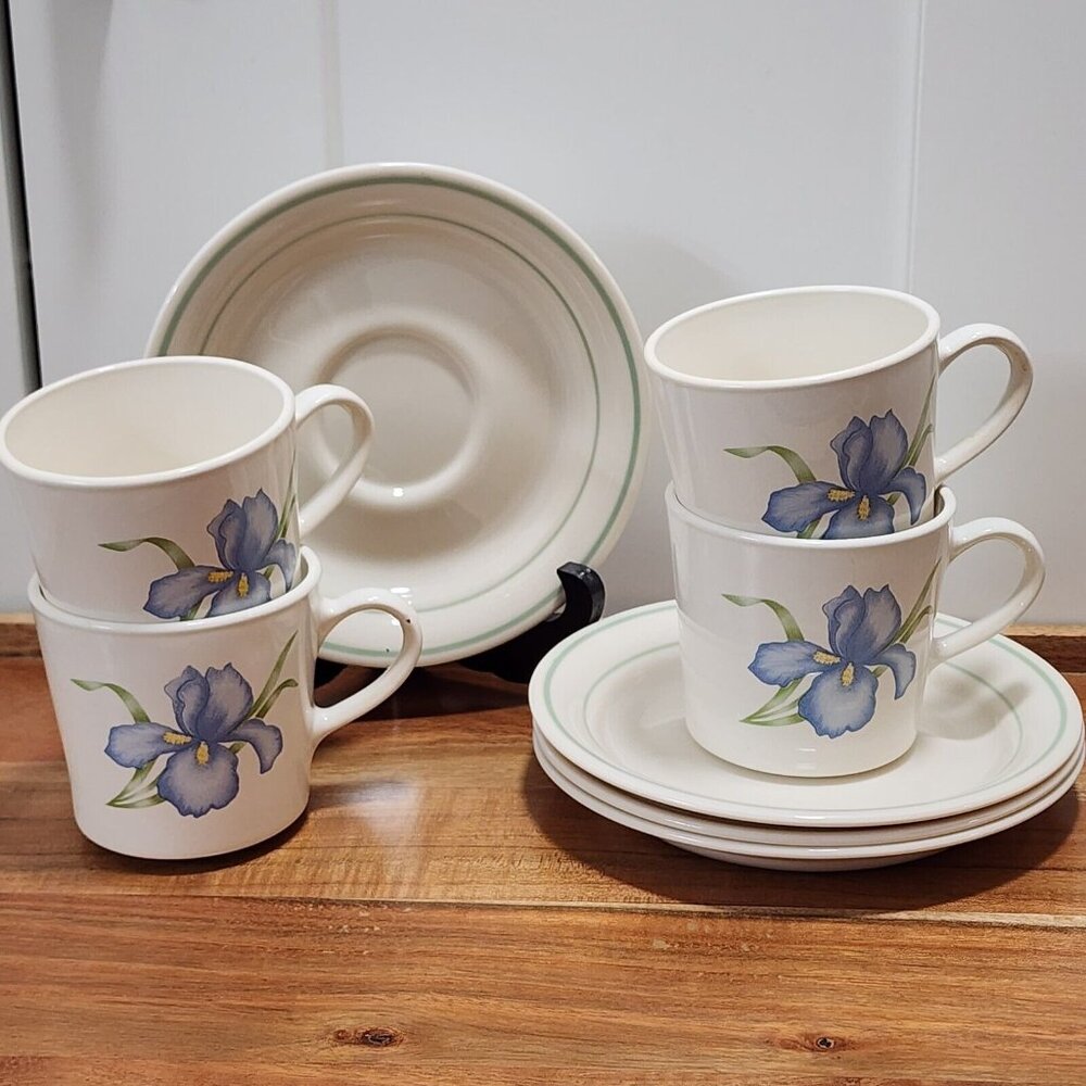 4 Corning IRIS Coffee Cup & Saucer sets 3" Corner stone line blue floral 1980s - Picture 2 of 14
